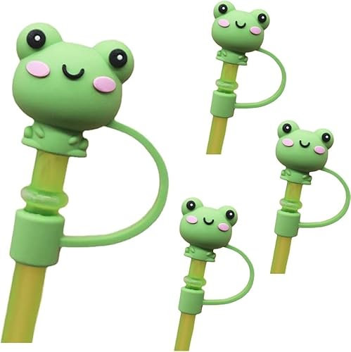 4 Pcs Cute Frog Straw Tips Cover,Green Silicone Animals Straw Cover,Cartoon Straw Topper,Reusable Drinking Straw Cover, Disposable Drinking Straws for Straws Outdoor Home Kitchen Party Decor