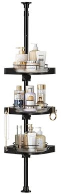 YCIA&DONE Corner Shower Caddy Tension Pole, Rotating Shower Organizer for Bathroom Shelf Bathtub, Adjustable Standing Shower Rack Bathroom Accessories, Easily Assemble, 34-124 Inch Height