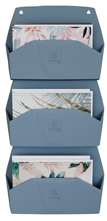 Exacompta - Ref 61170D - Box of 3 Horizontal wall sorters 3 compartments AUTENTIK, A4 wall displays, Document Holders, wall Bins - Dimensions: D 43.6 x W 39.6 x H 10.2 cm - Blue Grey