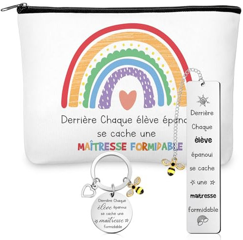 Nuenen Cadeau Maitresse d'École Fin d'Année Porte Clef Maitresse Trousse de Maquillage et Marque Page pour Enseignante Idée Cadeau Merci Professeur Cadeau Atsem pour Femme(Maîtresse)