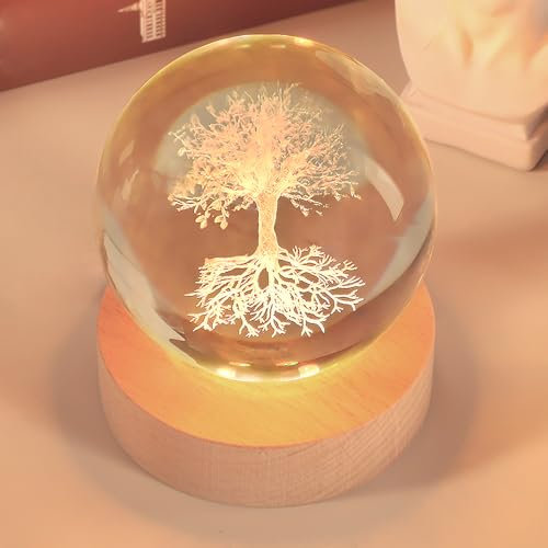 3.15In Tree of Life Crystal Ball Lamp with Wooden Base, 3D Crystal Ball Night Light, 16 Colors, Remote Controlled, Tree of Life Decor, Spiritual Gift for Women Christmas Gifts for Family Men Husband