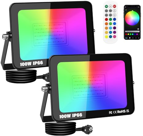 PICAA 2 pezzi 100W RGB Faretto LED da Esterno Proiettore 10000LM, Controllo APP Dimmerabile Cambio Colore Lampada, Fari Led Esterno per Giardino Palco Partito