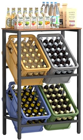 SONGMICS Getränkekistenregal, 2 Ebenen, für 4 Kisten, Aufbewahrungsregal, Jede Ebene bis 150 kg belastbar, Stahl, Getränkeregal, für Küche, Wohnzimmer, Garage, vintagebraun-tintenschwarz BSC373K01