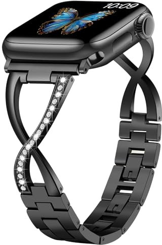 Sixmoat Correas Compatible con Apple Watch Pulsera para Mujer 42mm 44mm 45mm 46mm 49mm, Brazalete de Reemplazo en Forma de X con Brillo para iWatch SE Serie 11 10 9 8 7 6 5 4 3 (Negro)