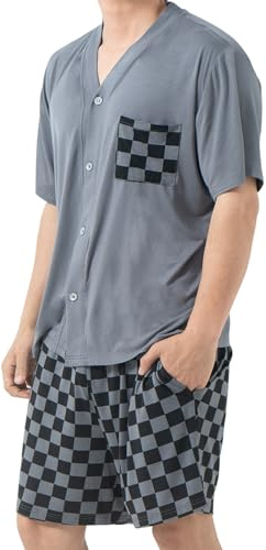 AovYoo Mens Pyjamas Set Modal for Men Summer Cooling Pjs Short Sleeve Sleepwear Nightwear Lightweight Dry Soft Sleep Set With Pocket (UK, Alpha, L, Regular, Regular, Grey)
