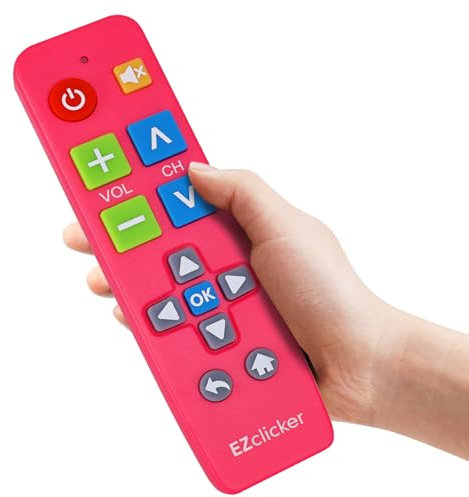 EZclicker Plus Big Button Universal TV Remote Simple Easy to Use, Works with Major TV Brands (2xAAA Batteries Not Included) (Pink)