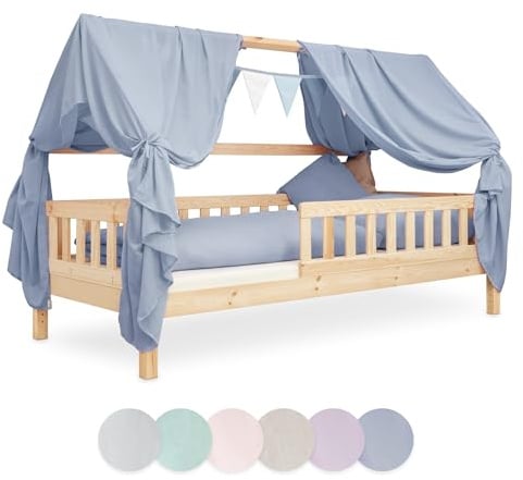Ehrenkind® Kinderzimmer-Deko-Set: Betthimmel & Wimpelkette für magische Momente | Oeko-TEX Zertifiziert | Kinderzimmer Deko | Betthimmel Kinderzimmer, 90x200 Jeansblau