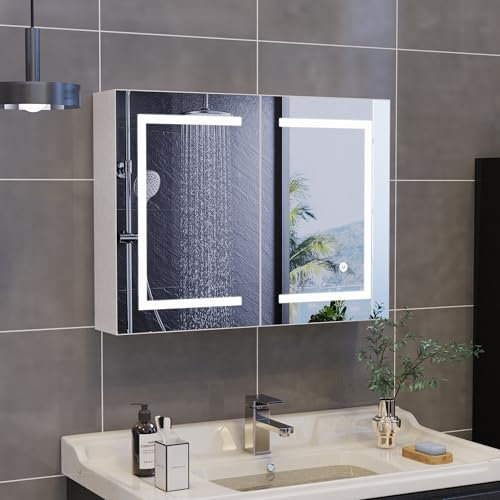 Armoire de Toilette Miroir avec Éclairage LED 80x13.5x60cm Armoire Murale Salle de Bain avec Étagère Réglable,Contrôle Tactile, Luminosité Réglable,Armoires de Salle de Bain avec Miroir,Blanc