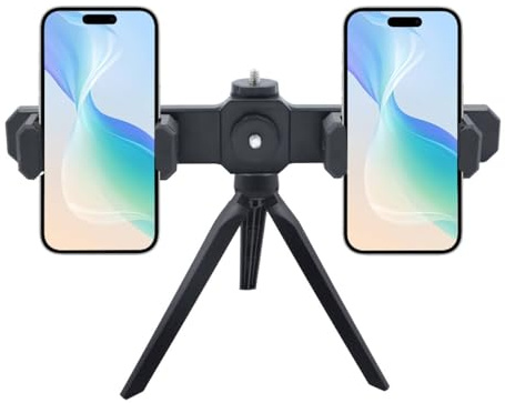 Handy Stativ mit Dual Handyhalterung,Mini Reisestativ Ständer Handyklemme für 2 Smartphones(60–85 mm) Drehbar,1/4-Zoll Gewinde,ideal für Multitasking oder Aufnahmen aus Zwei Perspektiven