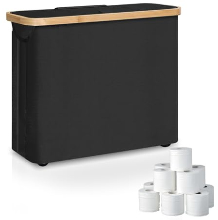 Rangement Papier Toilette, Réserves à Rouleaux de avec Couvercle, Panier Papier WC, Boite Rangement Salle de Bain pour 8-12 Rouleaux de Papier Toilette (Noir)
