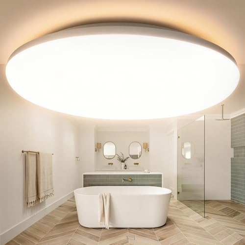 WARMELLE Deckenlampe LED Deckenleuchte,IP65 Wasserdicht Badezimmer Lampe,CRI80+ Flackerfrei,keine Verzögerung,Ø28cm Rund,22W,3000K Warmweiß,3080LM,für Bad Küche Flur Schlafzimmer