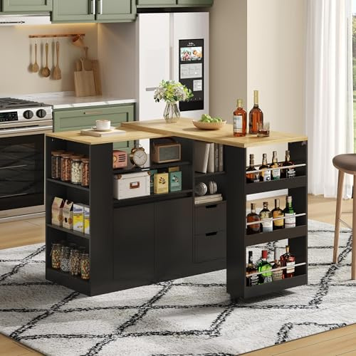 Juabett Bartisch mit Stauraum, Kücheninsel mit ausziehbarer Arbeitsplatte -mit 360°Drehfunktion, Beweglicher Beistelltisch mit dreiseitigen Regalen&2 Schubladen, Kaffeebar, Schwarz, 115x50x92cm