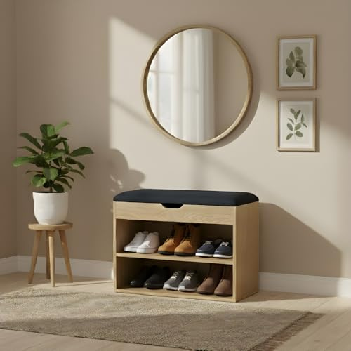 EDAXO BOXIMO Schuhschrank mit Sitzbank, 60 x 30 x 47 cm, MDF und Polyester Bezug, Flurbank mit Stauraum, Schuhaufbewahrung für Eingangsbereich (braun)