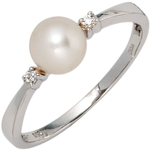 Damenring Ring Perle & Diamanten Brillanten 585 Gold Weißgold Damen Goldring, Ringgröße:Innenumfang 56mm ~ Ø17.8mm