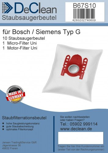 10 DeClean® Staubsaugerbeutel kompatibel mit Siemens VSZ31455 VSZ 31455 Typ G
