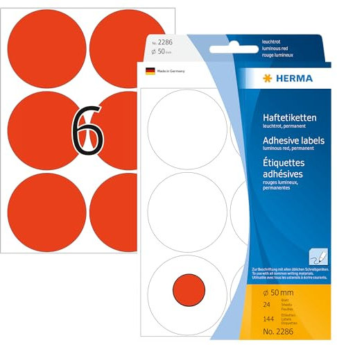 HERMA 2286 Punktaufkleber Klebepunkte leuchtrot, 144 Stück, Ø 50 mm, 6 pro Bogen, selbstklebend, Markierungspunkte für Kalender Planer Basteln, matt, blanko Papier Farbpunkte Aufkleber