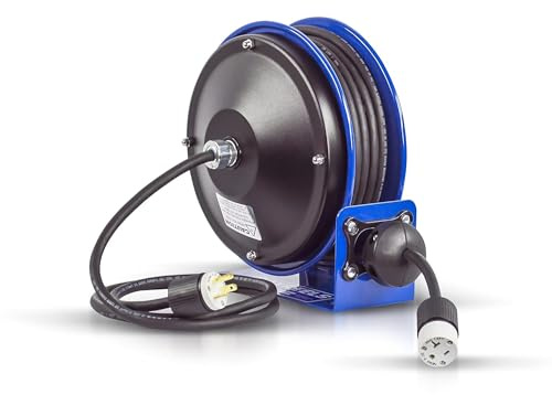 Coxreels PC10-3012-A Compact Power Cord Reel, PC10 Series 12/3 x 30’ Single INDL - Space-Saving Design with Easy-Access Cover and Spring Motor - Heavy-Duty Steel Construction, Made in the USA, Blue
