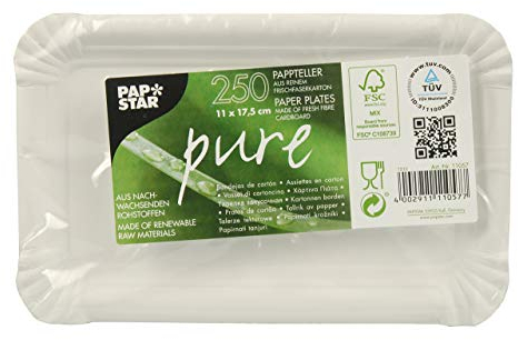 Papstar Pappteller / Einwegteller weiß, eckig, Pure (250 Stück), aus 100% Frischfaser-Karton,11 x 17.5 cm, lebensmittelecht, kompostierbar, für Haushalt/Gastronomie, #11057