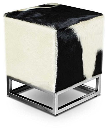 NEUERRAUM Kleiner schicker Würfel Kuhfell Bauhaus Echtleder Sitzhocker Beistellhocker Hocker Fußhocker 37 x 37 cm Sitzhöhe 45 cm. Abbildung echtes Kuhfell Schwarz-Weiß