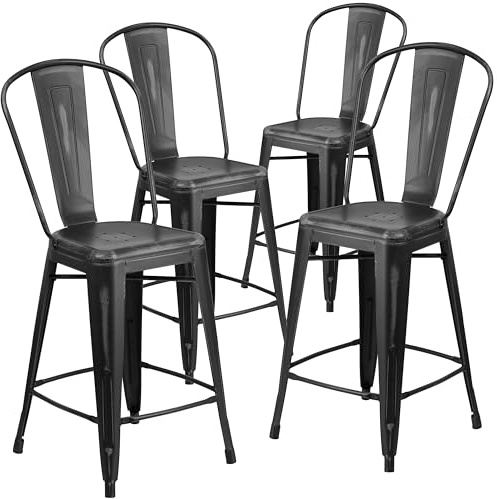 Flash Furniture Blake Commercial Grade 4 Stück 61 cm hoher Hocker aus schwarzem Metall für drinnen und draußen mit Rückenlehne