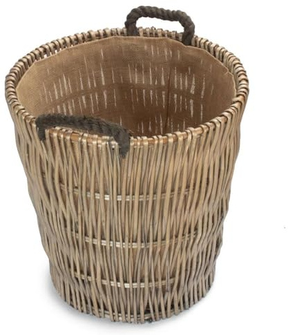 Red Hamper Tall Grey Round Hessian Lined Wicker Log Basket, Brown, H32 x W43 x D49cm