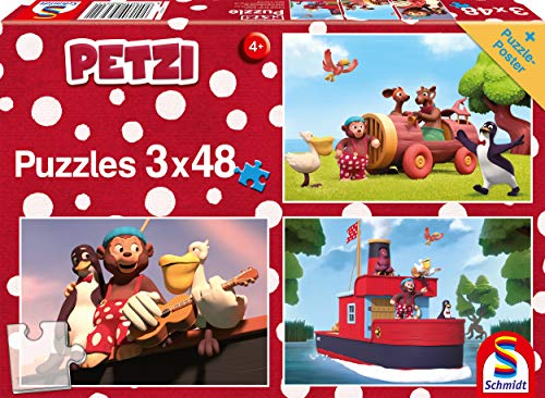 Schmidt Spiele Puzzle 56231 Petzi, Auf ins Abenteuer, 3x48 Teile Kinderpuzzle, bunt
