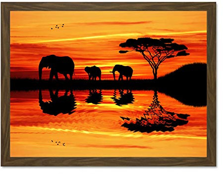 Wee Blue Coo Illustration Composition African Elephant Silhouette Sunset Large Framed Art Print Poster Wall Decor 18x24 inch