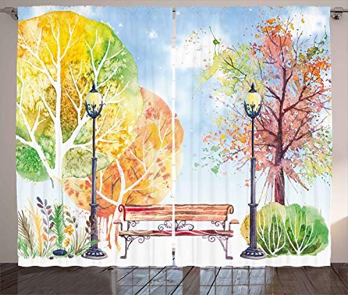 ABAKUHAUS Aquarell Rustikaler Vorhang, Herbst-Park-Baum-Laterne, Wohnzimmer Universalband Gardinen mit Schlaufen und Haken, 280 x 245 cm, Blau Gelb