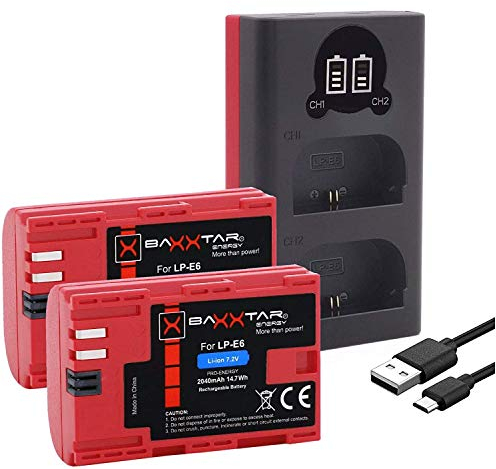 Baxxtar Pro LP-E6 Lot de 2 Batteries avec Double Chargeur LCD Baxxtar Mini 1854 (entrée USB-C et Micro USB)