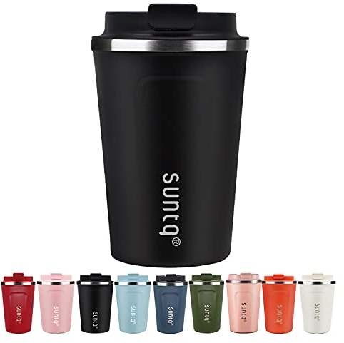 SUNTQ Kaffeebecher to go aus Edelstahl - Thermobecher Doppelwand Isoliert - Kaffeetasse mit Auslaufsicherem Deckel Wiederverwendbar (Schwarz, 380ml)