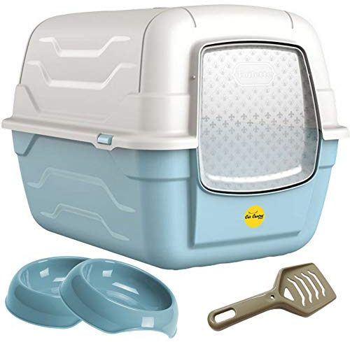 CAT CENTRE Blue Large Hooded Luxury Cat Litter Tray & Gusto Food Water Bowls Bundle