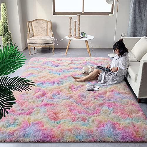 DweIke Regenbogen-Teppiche für Wohnzimmer, weiche flauschige bunte Teppiche für Mädchenzimmer, niedliche Batik-Teppiche für Kinder, Schlafzimmer, maschinenwaschbar, 15.2 x 2.3 m Regenbogen