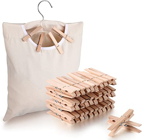 Clothes Pins Bag Holder Laundry Canvas Clothespin Bag with Hanging Hook, 100 Pieces 2.8 x 0.4 Inch Large Wooden Clips Wood Clothespins with Spring for Line-Drying