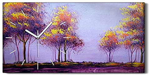 Coloray Uhr auf Leinwand - Weiße Hände - Kunst Segeltuch Wohnzimmer Dekoration Ohne Tickendes Geräusc Wand Uhr - Landschaftsbäume Herbst