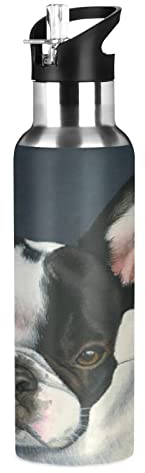 Mnsruu Simpatico Cane Animale Disegno A Mano Borraccia Termica con Cannuccia Sportiva, Bottiglia Acqua in Acciaio Inox Isolato 600ML Senza BPA per Bevande Calde e Fredde per Bambini Scuola