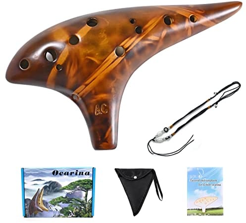 Ocarina - Ocarinas de cerámica con 12 agujeros para llaves altas en C con bolsa para el cuello de canciones, regalo de instrumento musical para adultos (amarillo)