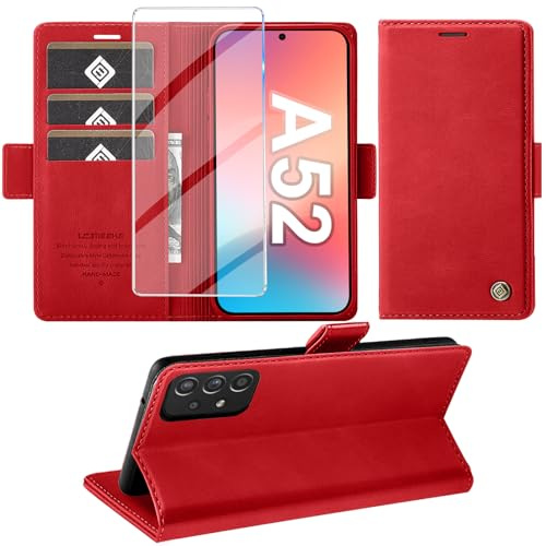 Giyer Handyhülle für Samsung Galaxy A52/A52S 4G 5G Hülle mit Schutzfolie, Standfunktion Kartenfach Wallet Premium Leder Schutzhülle A52S Flip Case Cover Stoßfeste Klapphülle (Red)
