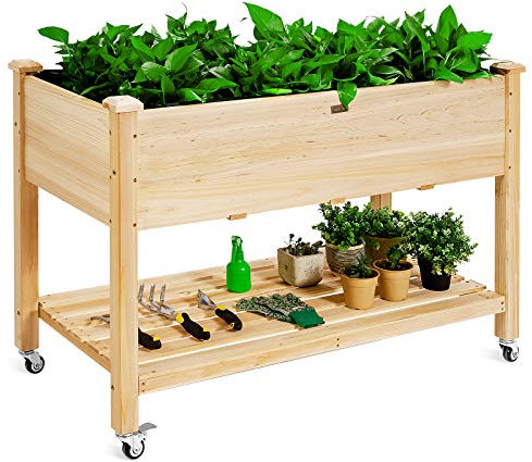 TANGZON Wooden Raised Garden Bed, Mobile Outdoor Planter with Wheels, Protective Liner and Bottom Shelf, Elevated Planter Box for Vegetables, Flowers, Herbs & Fruits, 120 x 59 x 84cm