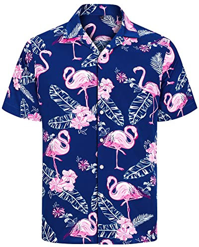 J.VER Mens Flamingo Hawaiian Shirt Short Sleeve Regular Fit Beach Funky Flower Summer Shirts Button Down Aloha Floral Holiday Party Blue L