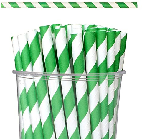 Neel Blue Paper Drinking Straws [100 Pack] - Green & White Striped Straws | Disposable Straws, Party Straws Cocktail Decorations for Birthday Wedding Christmas Party DIY Decoration