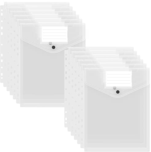 FYY Dokumententasche A4,12 Stück Dokumentenmappen A4 Transparent Druckknopf zum Abheften,A4 Sammelmappen für Dokumente Organisieren mit Binderlöcher und Etikettentasche für A4 2/3/4 Ringbuch,weiß