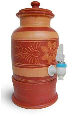 100% Handmade Flower Design 2L Small Natural Clay Water Dispenser with Stand, Healthy Water Drinking Kitchen Tank, Table Decor Earthenware Water Container with Tap