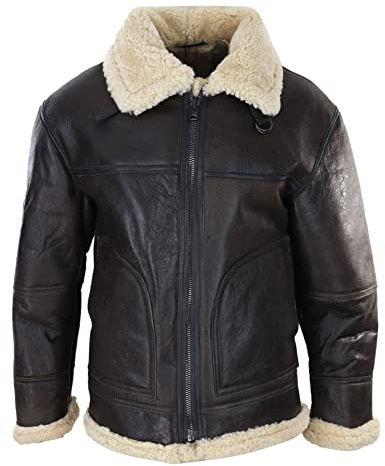 TruClothing.com Mens Brown Real Sheepskin Flying Jacket Zipped Cream Fur Classic WW2 Pilot Military