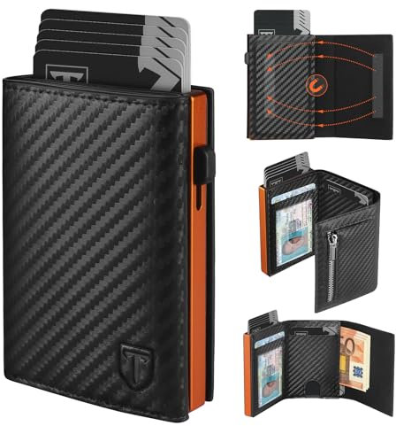 TEEHON Geldbörse Herren mit RFID-Schutz –Kohlefaserleder Portmonee Herren, 8 Kartenetui, ID-Fenster, Münztasche, Geldscheinfach mit Geschenkbox (Schwarz Orange)