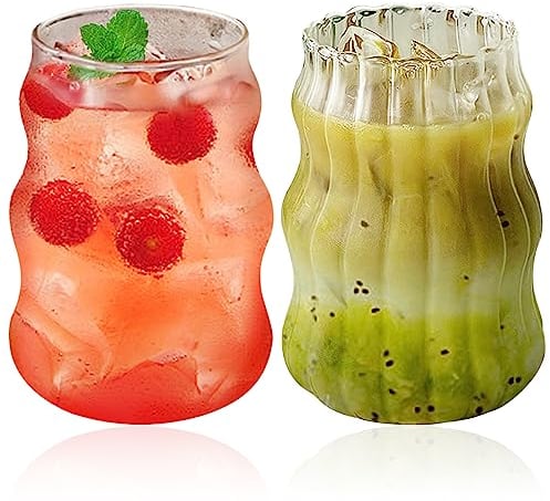 URMAGIC Origami Style Iced Coffee Glasses, 2 Pcs 530ml Vintage Ribbed Glassware for Beer, Wine, Juice and More - Perfect for Christmas Parties