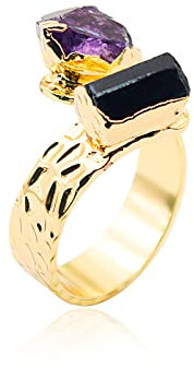 Anello Aperto Irregolare In Pietra Grezza Viola Per Donne Ragazze - Gioielli Da Dito Color Oro Con Ametista E Tormalina Nera,Gioielli Con Anello Minerale Ridimensionabile Per Donne,1 Pezzo Colore