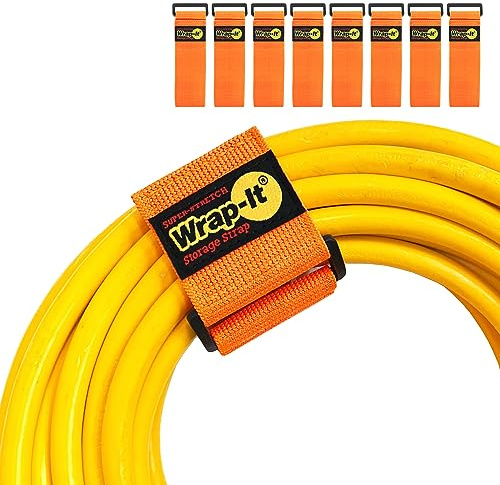Super-Stretch Wrap-It Storage Straps - (8) 12 Orange - Elastic Hook and Loop Cinch Straps - Extension Cord Organizer, Hose and Cables Straps, Cord Wrap, Cord Keeper, Garage and RV Storage Accessories