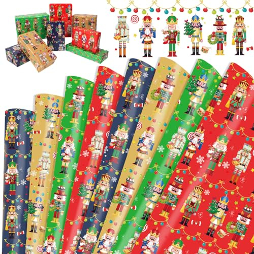 HOWAF 8pcs Christmas Wrapping Paper, Nutcracker Wrapping Paper Xmas Gift Wrapping Paper Kids Christmas Wrapping Paper Sheets for Christmas Party Favor, 70 x 50cm, Style A