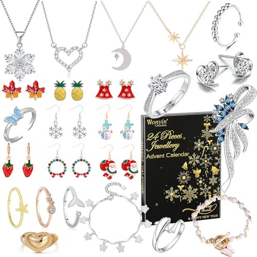 Wonvin Collection Schmuck Adventskalender 2024 für Frauen, Mode Armband Halskette Ring Ohrringe Countdown 24 Tage bis Weihnachtskalender, Geschenke für Frauen Frau Tochter Mädchen Mama (C)
