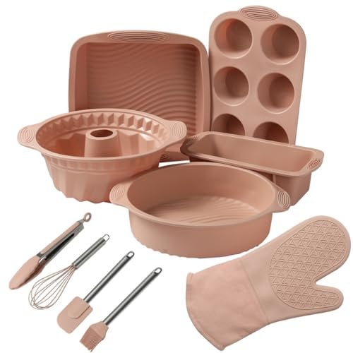 10in1 Nonstick Silicone Baking Cake Pan Cookie Sheet Molds Tray Set for Oven, BPA Free Heat Resistant Bakeware Suppliers Tools Kit for Muffin Loaf Bread Pizza Cheesecake Cupcake Pie Utensil (Pink)